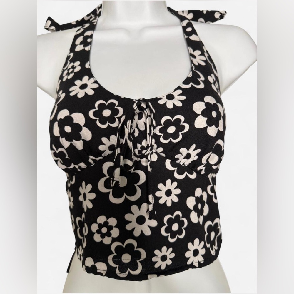Hollister Black and White Tie Front Bustier Tank Top
